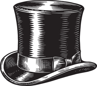 Classic woodcut illustration: antique top hat with intricate det