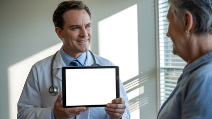 Doctor presenting tablet to senior patient in office with stethoscope and white coat smiling