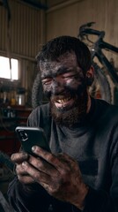 Cheerful bearded man with a face covered in dirt smiling while using his smartphone.