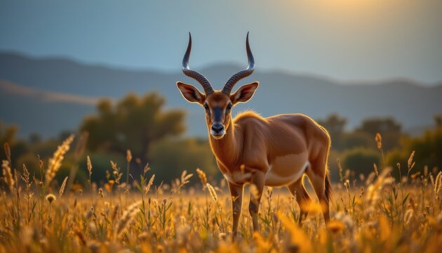 A prismatic styled close up captures a confident, horned antelope grazing in tall savanna grass, Golden hues bathe the African game reserve environment under neon laced, ethereal light