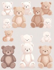 Fototapeta premium A collection of adorable teddy bears in various sizes and light brown and cream tones, positioned against a pastel background, creating a cheerful and endearing design.