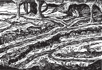 Naklejka premium Enigmatic carved landscape with subterranean watercourses in mon