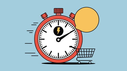 Obraz premium Red stopwatch with lightning bolt and shopping cart on a blue background with yellow speech bubble