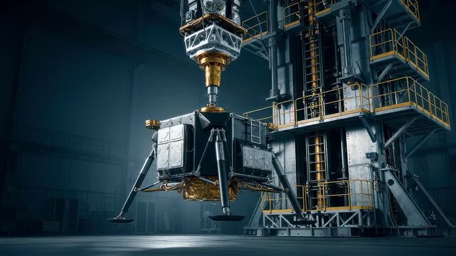 Wide shot of the lunar lander leg attached to a droptest rig simulating landing forces on a tall sturdy testing tower.