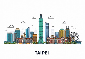 Obraz premium Colorful Taipei City Skyline Vector Illustration Isolated on White Background