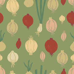 Seamless pattern with hand drawn onions. Repeating vegetable background with red, white and green onions. Food and kitchen concept.