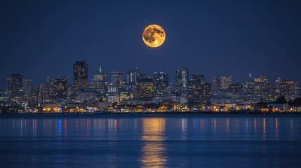 Fototapeta premium Golden moon over San Francisco skyline at night