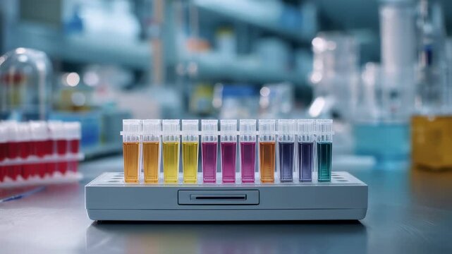 Medium shot focusing on the row of colorful ELISA wells in a microplate reader contrasted by an outoffocus laboratory environment behind it.