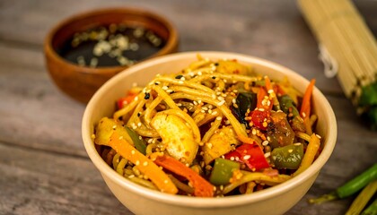 Delicious Asian Stir Fry Noodles with Vegetables and Sesame Seeds.