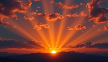 Fototapeta premium Inspiration showing sign, a radiant, dreamscape concept relating to or promoting an often specious sense of satisfaction, sunset orange hues, sparkling light, horizon tilt