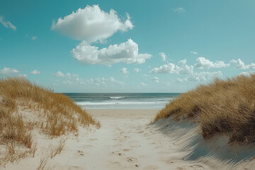 Serene beach scene with sandy dunes and breezy grass under a bright sky