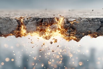 A dramatic cracked earth surface with glowing molten core and falling debris, abstract concept.