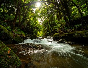 Lush forest stream flowing through mossy rocks