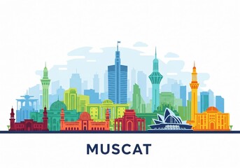 Colorful Muscat City Skyline Vector Illustration Isolated on White Background