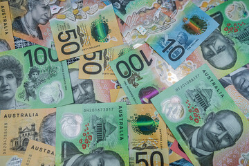 Australian Dollar Banknotes Pile: Financial Growth, Investment Economic Prosperity Concept