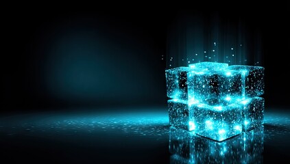 A collection of glowing turquoise cubes, illuminated from within, creating a vibrant and futuristic design against a dark backdrop.