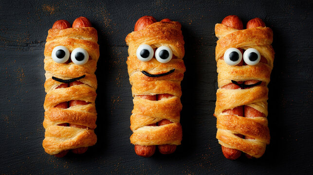 Scary sausage mummies in dough with funny eyes on the table. Funny decoration. Halloween food. Top view