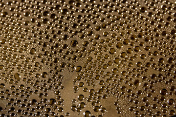 Close-up of water drops of condensed steam on glass lid of pot. Abstract background of droplets in warm golden light. Concept of cooking, condensation, moisture.