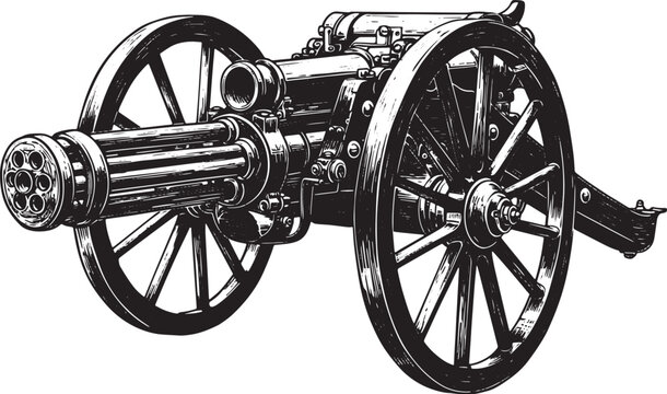 Antique Gatling Cannon Illustration Detailed Woodcut Drawing Mil