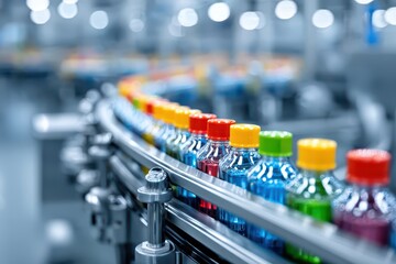 Colorful beverage bottles moving along a modern automated production line in a factory.