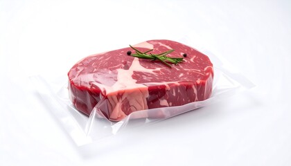 Raw steak in vacuum-sealed plastic wrap