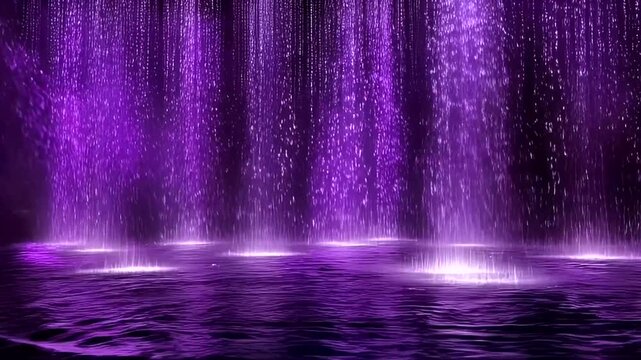 Purple rain showers fall onto a dark surface, illuminated by glowing light.
