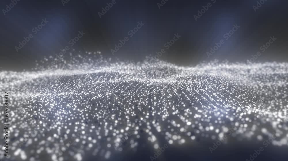 Poster shimmering white particles forming smooth waves and floating over a soft dark digital landscape