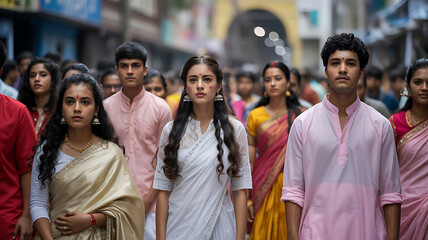 Young Indian people in traditional clothing walking in a street during a festival culture
