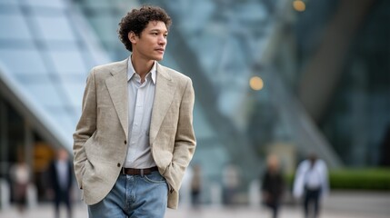 Young man in casual blazer walks confidently through modern urban setting on a sunny day in the city center