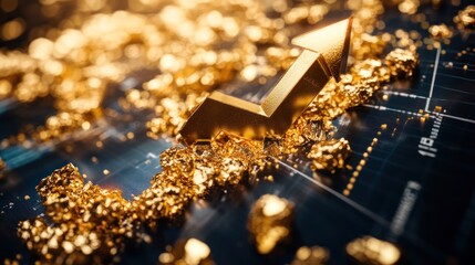 Golden upward trend indicators on a digital display with scattered gold flakes