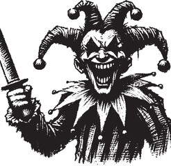 Obraz premium Sinister Jester Illustration Depicting Evil Clown with Dagger, Ready to Attack, Threatening
