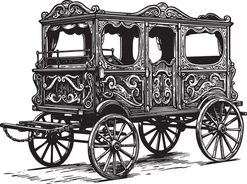 Ornate woodcut illustration of vintage circus wagon with intrica