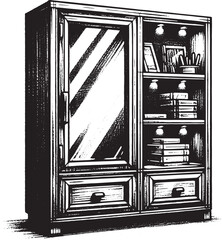 Fototapeta premium Detailed Black and White Illustration of a Vintage Wooden Cabinet with Books and Mirror