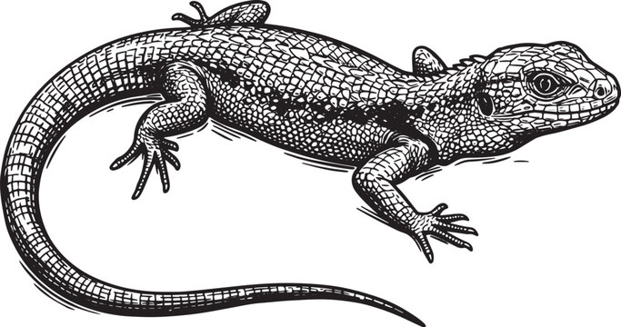 Detailed lizard illustration in woodcut style, black and white,