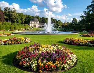 Lush park with fountain