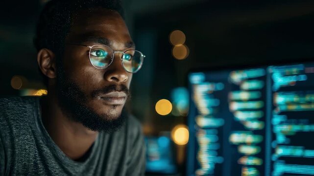Medium shot of a software architect debugging API throttling algorithms with blurred server status panels softly glowing in the background.