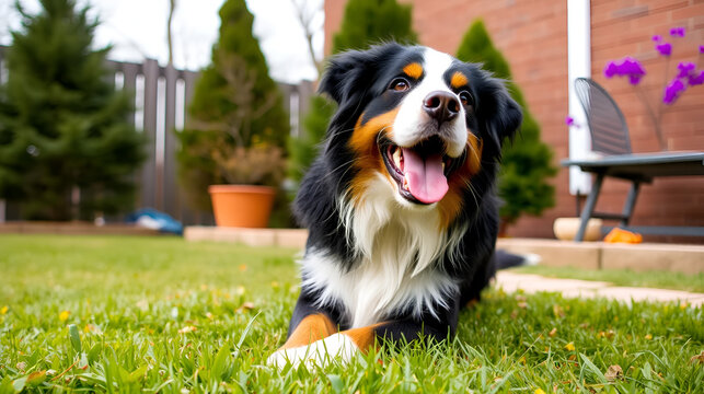 Happy bernese mountain dog playing in the yard