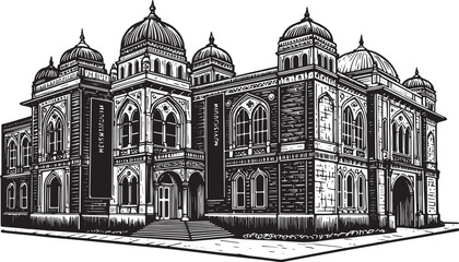 Obraz premium Elaborate Architectural Facade Woodcut Illustration of a Grand H