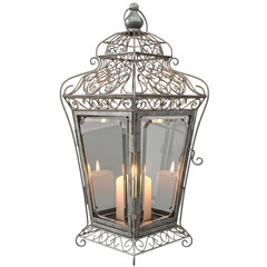 Obraz premium Elegant ornate metal lantern with glowing candle inside illuminated for ambiance transparent background