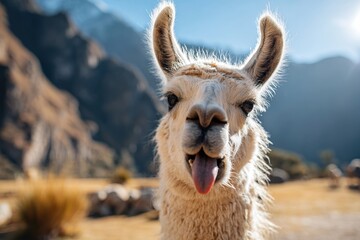 Obraz premium Playful llama close-up in a mountainous landscape