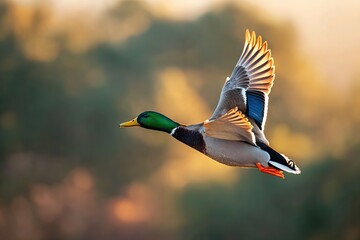 Obraz premium Mallard duck soaring in the sky