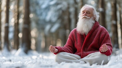 Meditating elderly man in red robe sits peacefully in snowy forest during winter