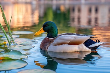 Obraz premium Mallard duck swimming in a tranquil pond