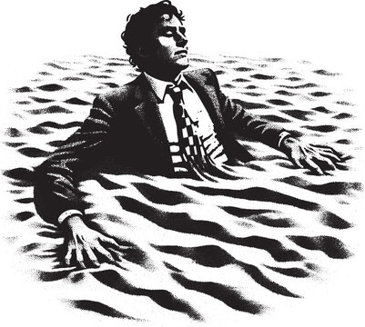 Conceptual illustration of a businessman sinking in quicksand, symbolizing financial troubles