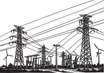 Monochrome illustration of power grid with towers and wind turbi