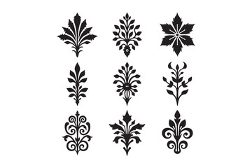 Collection of nine black floral ornaments and decorative elements