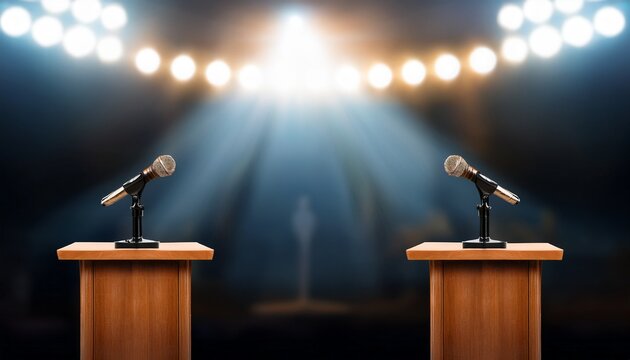 two brown podiums with microphone under spotlights for public speaking debate presidential vice election political speaker podium