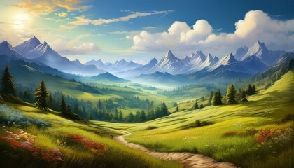 Obraz premium serene mountain valley landscape painting soft colors idyllic nature scene perfect for travel advertising