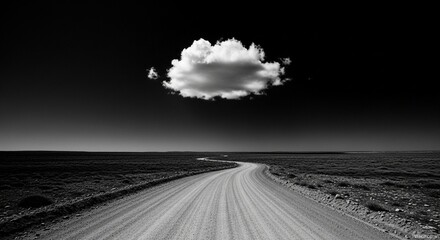 A solitary white cloud hovers above a winding empty road in a surreal black and white landscape.