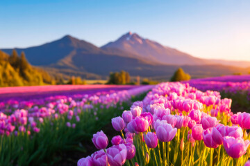 Obraz premium A breathtaking image of a sunlit tulip field stretching to the horizon with majestic mountains in the background symbolizing nature and spring